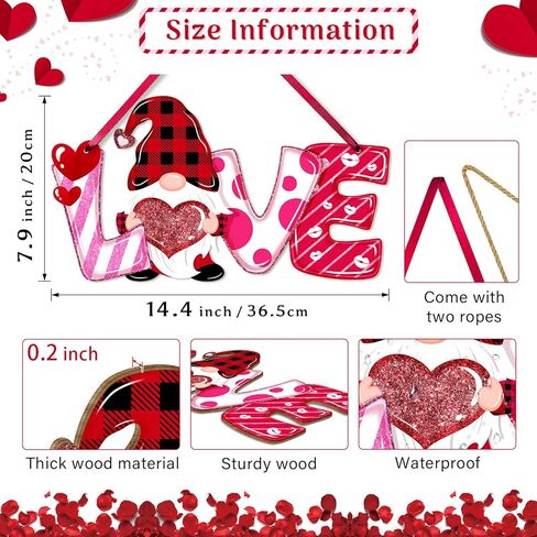 Valentines Day Door Sign Decor Wood, LOVE Letters Gnome Hanging Sign for Front Door Wall Window, Sweet Gnome Welcome Wooden Sign Red Pink Heart Home Decorations in Kuwait