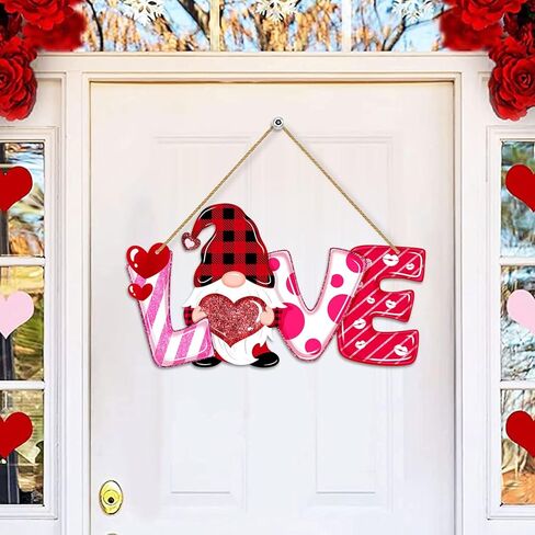 Valentines Day Door Sign Decor Wood, LOVE Letters Gnome Hanging Sign for Front Door Wall Window, Sweet Gnome Welcome Wooden Sign Red Pink Heart Home Decorations in Kuwait