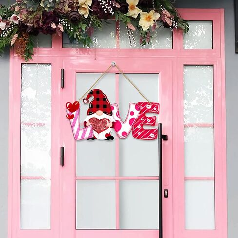 Valentines Day Door Sign Decor Wood, LOVE Letters Gnome Hanging Sign for Front Door Wall Window, Sweet Gnome Welcome Wooden Sign Red Pink Heart Home Decorations in Kuwait