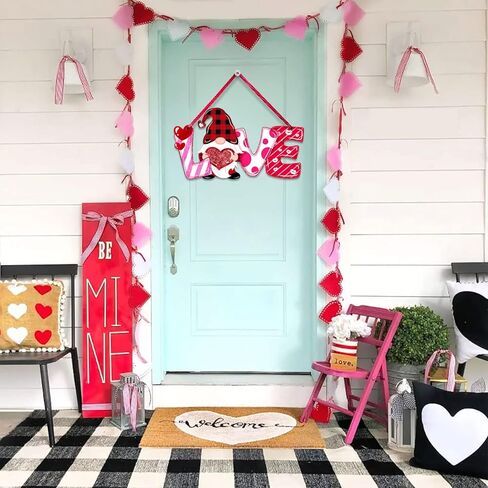 Valentines Day Door Sign Decor Wood, LOVE Letters Gnome Hanging Sign for Front Door Wall Window, Sweet Gnome Welcome Wooden Sign Red Pink Heart Home Decorations in Kuwait