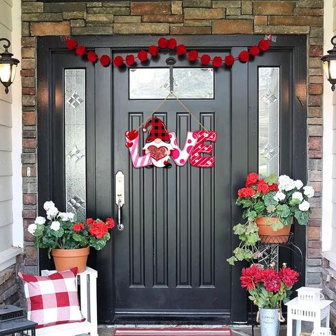 Valentines Day Door Sign Decor Wood, LOVE Letters Gnome Hanging Sign for Front Door Wall Window, Sweet Gnome Welcome Wooden Sign Red Pink Heart Home Decorations in Kuwait
