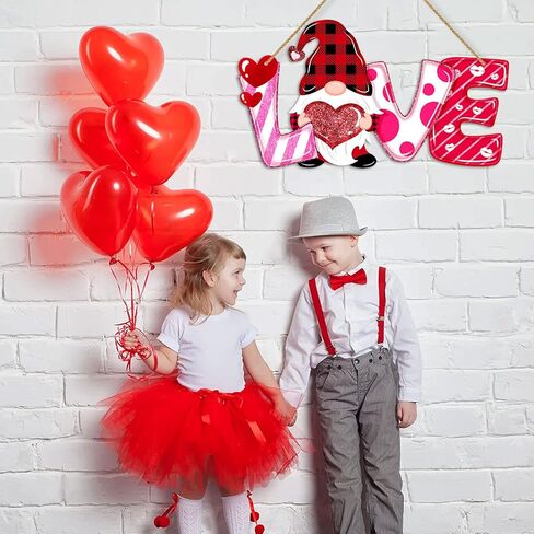Valentines Day Door Sign Decor Wood, LOVE Letters Gnome Hanging Sign for Front Door Wall Window, Sweet Gnome Welcome Wooden Sign Red Pink Heart Home Decorations in Kuwait