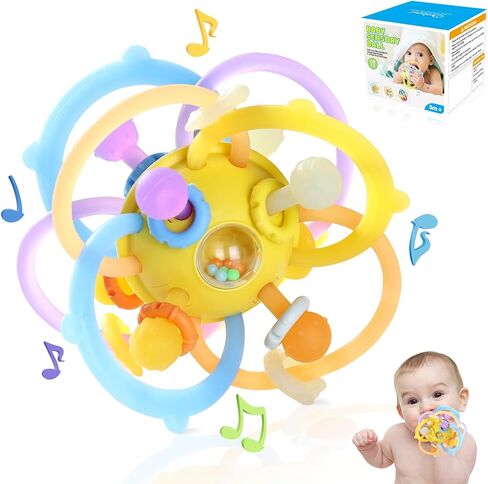 Baby Rattle Ball Teething Toys for 0 3 6 9 12 18 Months Boys Girls, Brown | Silicone Montessori Teethers with Rattle Ball for Newborn Infant, Sensory Delopmental Gift in Saudi Arabia