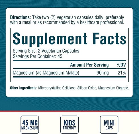 Magnesium Malate, 90 mg Elemental Magnesium, for Both Adults & Kids, Fully Chelated with Malic Acid, Support Energy Production & Muscle Health, Gut Friendly, Easy to Swallow, 90 Tiny Caps in Saudi Arabia