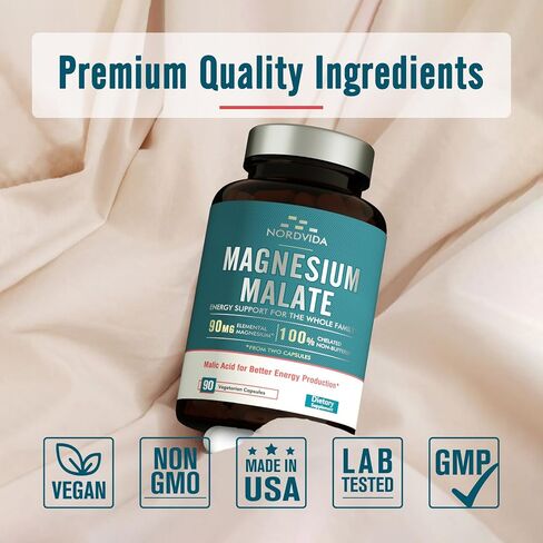 Magnesium Malate, 90 mg Elemental Magnesium, for Both Adults & Kids, Fully Chelated with Malic Acid, Support Energy Production & Muscle Health, Gut Friendly, Easy to Swallow, 90 Tiny Caps in Saudi Arabia