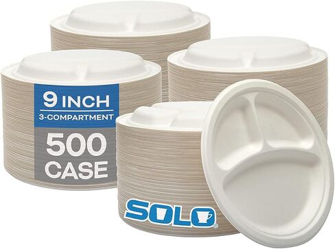 SOLO Bare Eco-Forward 9 Inch Plant-Based Sugarcane Fiber Round Divided Plate, (4 Packs of 125, 500 Plates Total), Solo Cup Company Eco-Friendly Disposable Paper Plates Alternative in Saudi Arabia