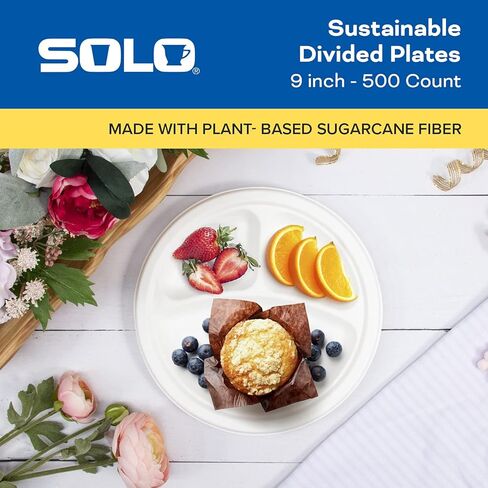 طبق مقسم دائري من ألياف قصب السكر النباتي من SOLO Bare Eco-Forward مقاس 9 بوصة، (4 عبوات من 125، 500 طبق إجمالي)، بديل للأطباق الورقية الصديقة للبيئة للاستعمال مرة واحدة من شركة Solo Cup in Kuwait
