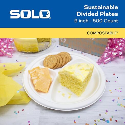 طبق مقسم دائري من ألياف قصب السكر النباتي من SOLO Bare Eco-Forward مقاس 9 بوصة، (4 عبوات من 125، 500 طبق إجمالي)، بديل للأطباق الورقية الصديقة للبيئة للاستعمال مرة واحدة من شركة Solo Cup in Kuwait