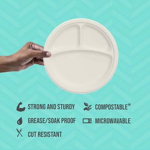 طبق مقسم دائري من ألياف قصب السكر النباتي من SOLO Bare Eco-Forward مقاس 9 بوصة، (4 عبوات من 125، 500 طبق إجمالي)، بديل للأطباق الورقية الصديقة للبيئة للاستعمال مرة واحدة من شركة Solo Cup in Kuwait