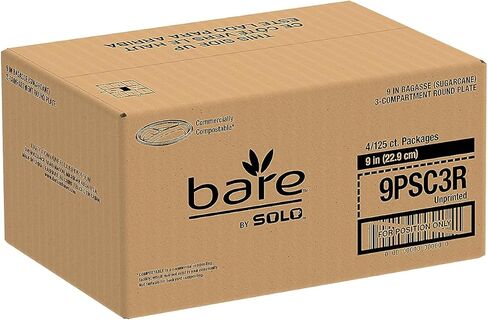 طبق مقسم دائري من ألياف قصب السكر النباتي من SOLO Bare Eco-Forward مقاس 9 بوصة، (4 عبوات من 125، 500 طبق إجمالي)، بديل للأطباق الورقية الصديقة للبيئة للاستعمال مرة واحدة من شركة Solo Cup in Kuwait