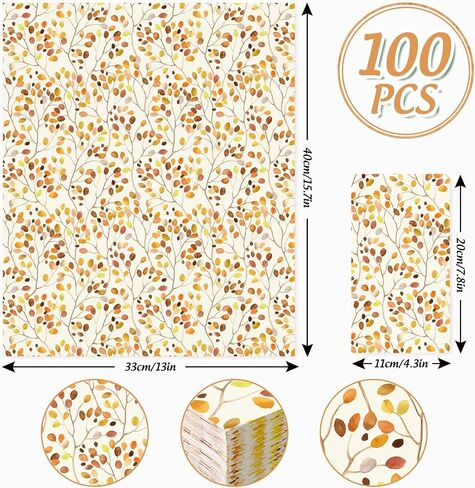 100Pcs Fall Paper Guest Napkins Branches Leaves Bathroom Napkins Autumn Orange Disposable Hand Towel Napkin for Thanksgiving Home Party Supplies in Saudi Arabia