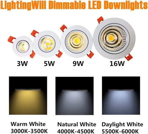 LightingWill 2inch LED Dimmable Downlight, 3W COB Recessed Ceiling Light, Warm White 3000K-3500K, CRI80, 25W 220LM Halogen Bulbs Equivalent, White (10 Pack) in Saudi Arabia