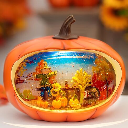 Fall Decor Snow Globe Lighted Pumpkin Thanksgiving Decoration Swirling Glitter Snow Globes Pumpkin Table Accent for Fall Harvest Day Decorations,Pumpkin&Scarecrow in Saudi Arabia