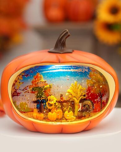 Fall Decor Snow Globe Lighted Pumpkin Thanksgiving Decoration Swirling Glitter Snow Globes Pumpkin Table Accent for Fall Harvest Day Decorations,Pumpkin&Scarecrow in Saudi Arabia