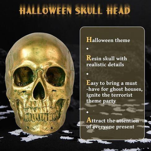 SEKKVY Resin Human Gold Skull Statues Halloween Decor Skeleton Outdoor Human Skull Model Golden Home Decoration (Removable) in Saudi Arabia