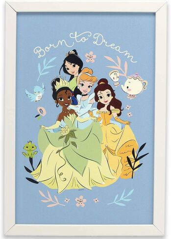 ديكور حائط خشبي مؤطر من Open Road Brands Disney Princess Born to Dream - صورة أميرة جميلة تضم مولان وتيانا وسندريلا وبيل in Kuwait