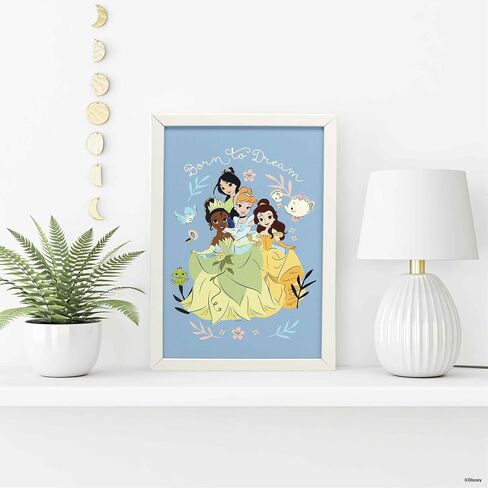 ديكور حائط خشبي مؤطر من Open Road Brands Disney Princess Born to Dream - صورة أميرة جميلة تضم مولان وتيانا وسندريلا وبيل in Kuwait