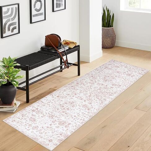 GlowSol Runner Rug 2x6 Floral Rug Non Shedding Hallway Rug Vintage Print Area Rug Machine Washable Area Rug Non Slip Low Pile Rug for Kitchen Bedroom, Pink in Kuwait