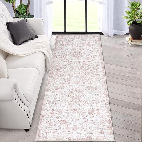GlowSol Runner Rug 2x6 Floral Rug Non Shedding Hallway Rug Vintage Print Area Rug Machine Washable Area Rug Non Slip Low Pile Rug for Kitchen Bedroom, Pink in Kuwait