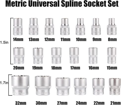 19 قطعة 1/2 بوصة مجموعة مقابس محرك عالمية، متري 8-32 مم 12 نقطة Cr-V مجموعة مقابس in Kuwait