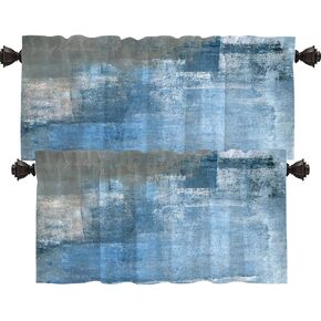 Shrahala Grey and Blue Abstract Art Painting Kitchen Valances Half Window Curtain, Modern Art Kitchen Valance for Window Ink Printing Kitchen Valances Curtains for Kitchen Decoration 52x18 inch(2pcs)