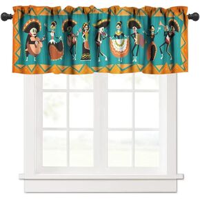 Mexican Valance Curtains, Traditional Mexico Otomi Style Floral Bird Print Blackout Window Valance, Paisley Flower Art in Black Boho Short Window Treatments for Living Room Bedroom, 54x18inch