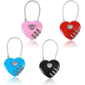 4-Piece Combination Lock with Heart Shape Code, Keyless and Resettable, Zinc Alloy Body and Hard Steel Rope, Ideal for Luggage, Backpacks, Jewelry Boxes, and More