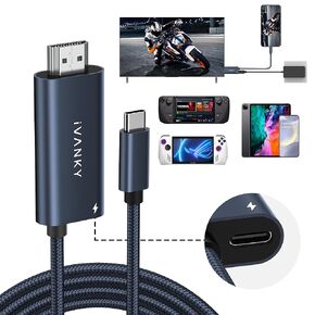 كابل شحن IVANKY 2 في 1 USB C إلى HDMI 100 وات 6.6 قدم للهاتف المحمول/سطح البخار OLED/ROG Ally X/iPad، موصل محول تلفزيون محمول مجدول من النايلون 4K@60 هرتز لتمديد شاشة التلفزيون، أزرق منتصف الليل