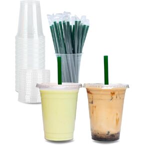 Aatriet 16 oz Clear Plastic Cups with Lids and STRAWS, Disposable Party Cups for To Go Iced Coffee Cold Drinks, Smoothie, Juice, Parfait, Frappuccino, Milkshake. No Leaking Fruit Cup, 25 Sets