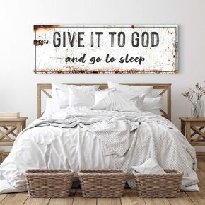 Tailored Canvases Christian Wall Art - Inspirational Family Quotes and Rustic Home Decor for Living Room, Bedroom, and Kitchen - Give it to God and Go to Sleep Faith Wall Art, 12x36
