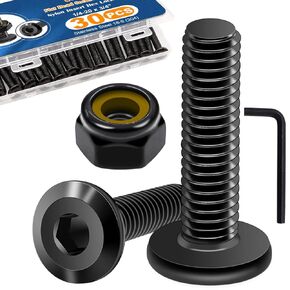 weideer 30pcs 1/4-20 x 3/4" Flat Head Socket Head Screw with Nylon Lock Nuts, Furniture Bolts,Stainless Steel 18-8 (304),Countersunk Connector Screws, Plated Full Black zinc with Hex Spanner