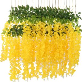 12 Pack Wisteria Flower Vines Garland, 110 cm Artificial Flower Strings, Fake Hanging Flowers, Silk Wisteria Garland Flowers, Wisteria Vine for Wedding, Garden, Wall Decoration (Yellow)
