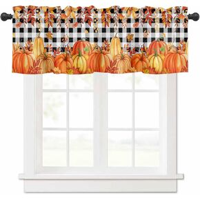 Thanksgiving Orange Pumpkins Kitchen Valance for Window,Fall Pumpkin Leaves Rod Pocket Curtains, Black and White Buffalo Plaid Window Treatment Valance Drapes for Living Room Bedroom,42"x12"