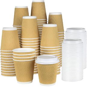 NYHI Kraft Paper Coffee Cups With Lids Set of 100 12oz Disposable Triple Wall Ripple Insulated Coffee Cups To Go Recyclable Brown Paper Cups Coffee Hot Chocolate Tea Hot Cups With Lids