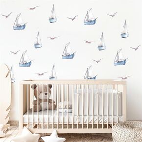 6 Sheets 48 Pcs Blue Sailboats Gulls Ins Style Wall Stickers, sacinora Travel Adventure Wanderlust Sailboat Nautical DIY Wall Decals Removable Vinyl Peel and Stick for Nursery Bedroom Playroom Decor