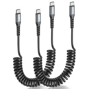SUNGUY Coiled USB C to USB C Cable 3FT, [2-Pack] USB-C Cable for Car, USBC to USBC Android Auto Carplay Cable, for iPhone 15/15Pro/15Pro Max, Galaxy S24 S23 S22 (Grey)
