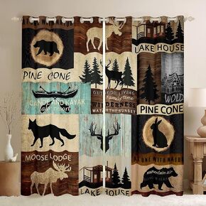 Hunting Woodland Animal Curtains 42"Wx63"L Rustic Fox Bear Deer Moose Curtains Drapes,Lake House Fishing Window Curtains For Cabin Lodge Bedroom,Country Farmhouse Window Treatments 2 Panels
