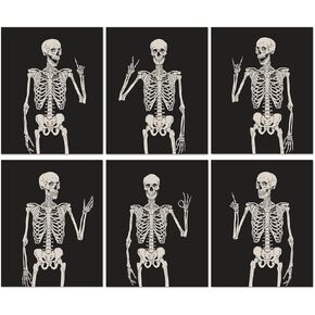Whaline 6Pcs Halloween Skeleton Skull Wall Art Prints Black White Scary Skeleton Paper Art Posters Aesthetic Wall Decor for Halloween Home Gallery Living Room Bedroom, 8 x 10 Inch (Unframed)