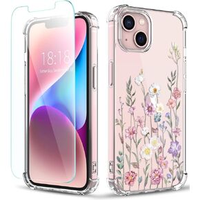 حافظة مصممة على شكل زهرة لهاتف iPhone 13 [مع واقي شاشة]، حافظة هاتف نسائية شفافة زهرية مقاومة للصدمات، غطاء ممتص للصدمات ناعم من مادة TPU مقاس 6.1 بوصة 2021 (لافندر/أرجواني)
