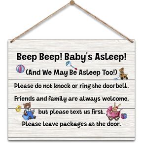 Baby Sleeping Sign Do Not Knock Or Ring Doorbell Sign, Housewarming Gifts New Home Gifts for Men Women, Wooden Sign With Rope, Wood Hanging Sign for Baby Room Nursery Bedroom Door Decorations -14
