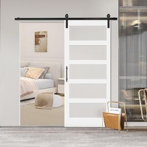 36 in x 84 in Glass Sliding MDF Barn Door with 6.6FT Sliding Door Hardware Kit, 5 Tempered Frosted Glass, Slab Inside Covered with Water-Proof PVC Surface, Simple DIY Assembly