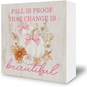 Coquette Pumpkin Desk Decor Decorations - Trendy Autumn Fall Wooden Box Sign, Pink Bows Wood Block Plaque Box Sign for Girls Room Grandmillennial Home Table Decoration, 5x5 Inches