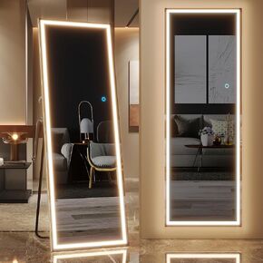 LVSOMT Full Length Mirror with LED Lights, Free Standing Lighted Mirror, Floor Full Body Mirror, Wall Mounted Hanging Mirror, Light Up Mirror w/Dimming & 3 Color Lighting for Bedroom (63"x16", White)