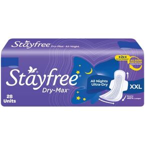 Stayfree Dry Max All Night XL Dry Cover Sanitary Pads For Women With Wings, 28 Pads