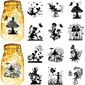 CREATCABIN 12Pcs Fairy Angel Silhouettes Mason Jar Decor Mushroom Laser Cut Cardboard Scrapbook Cutouts Die Cuts PVC for DIY Crafting Lantern Jars Wall Painting Window Glass 3.9x3.5Inch-No Sticker