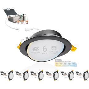 NUWATT | 6 Pack | 6 Inch Gimbal Ultra-Thin LED Recessed Light, 2700K/3000K/3500K/4000K/5000K Selectable, 950 Lumen Dimmable, Black Trim Adjustable Canless Slim Wafer Ceiling Light, Metal Junction Box