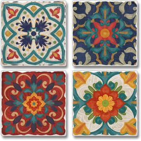 Thirstystone Spanish Villa Multi-Image Absorbent Stone Tumbled Tile Coaster 4 Pack with Protective Cork Backing Manufactured in The USA