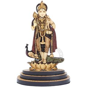 4 Inch Lord Murugan Wood Carved Statue in Exotic Hard Woods - Multi Layered Hand Made Lord Kartikeya Idol, Subrahmanya, Murug Idol for Car Dashboard, Home, Office, and Travel