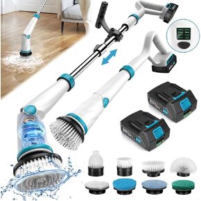 1500RPM Electric Spin Scrubber, 8 Brush Heads Electric Scrubber for Cleaning, Shower Scrubber with Long Handle and Two Battery, High Power Scrubber with Display for Bathroom/Tub/Floor