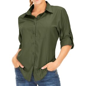 Womens Long Sleeve Sun Protection Hiking Shirts,UPF 50 Quick Dry Safari Light Cooling Blouse (5019 Army Green, XX-Large)